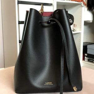 Lauren Ralph Lauren, medium black leather with red interior bucket bag.